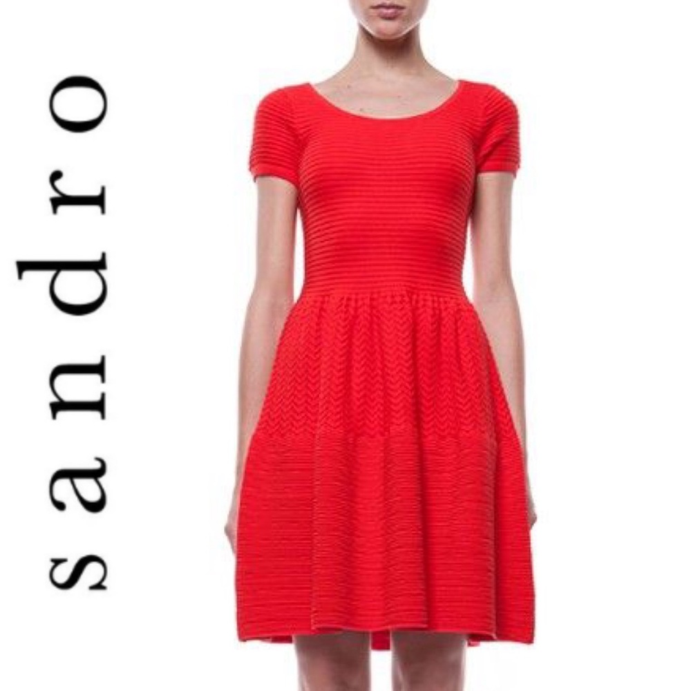 Sandro Paris Ruffus Dress Red 2 M Ribbed Chevron Knit Fit & Flare Scoop Neck
